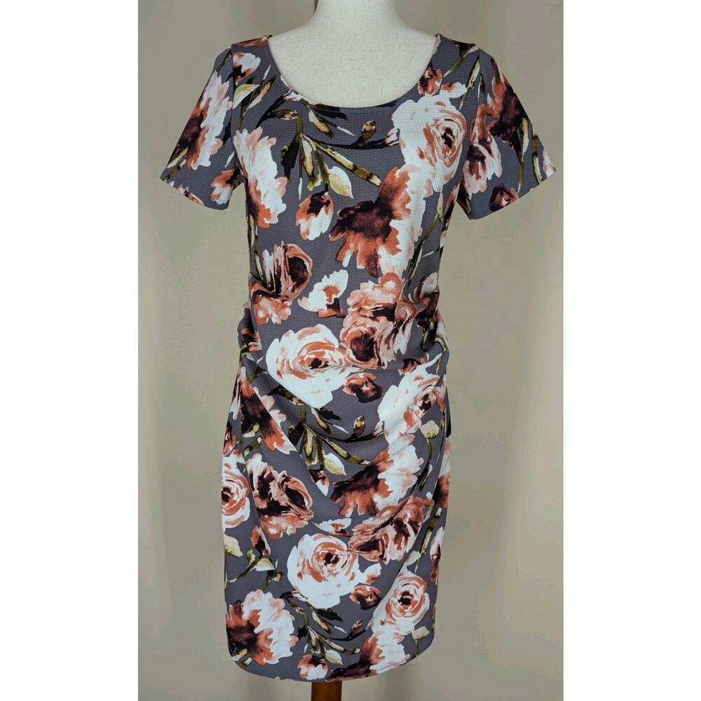 Hello Miz Maternity Medium Bodycon Dress Gray Pink Floral Stretch Side Ruching